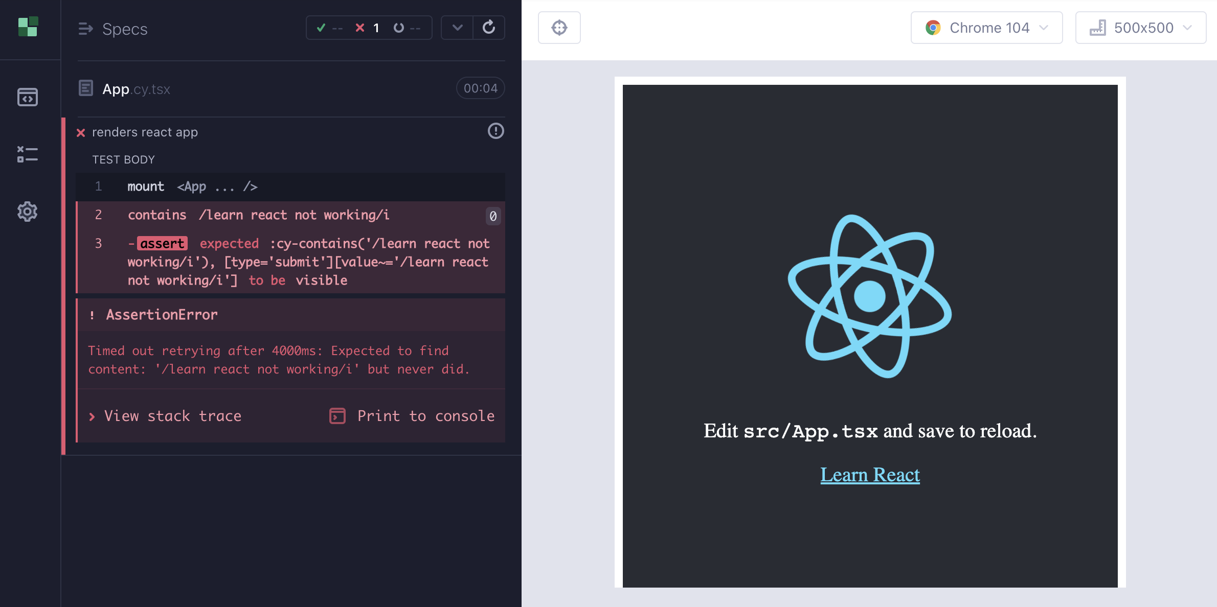 failing test code